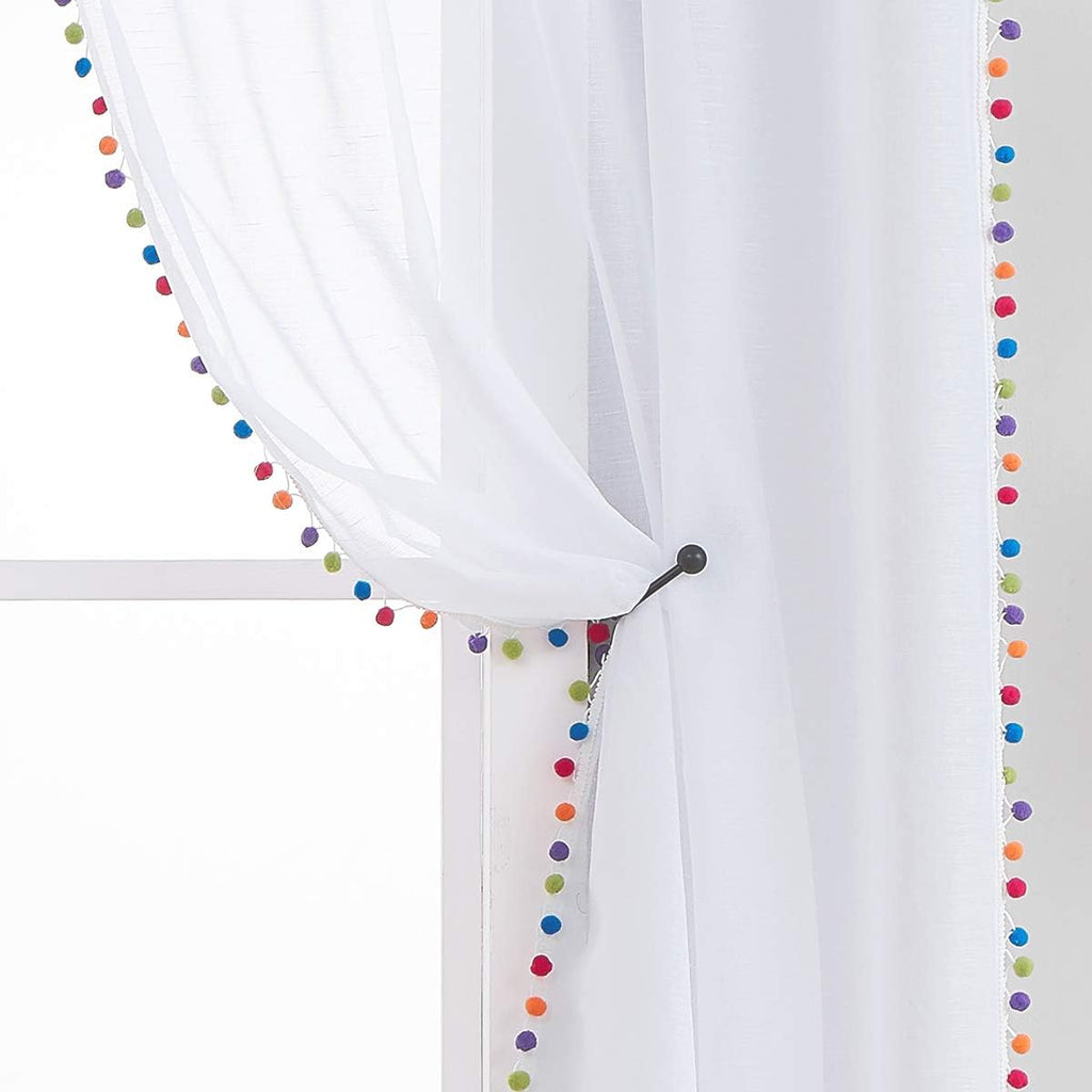 63Inch Multi‑Color Pom Pom Sheer Curtains