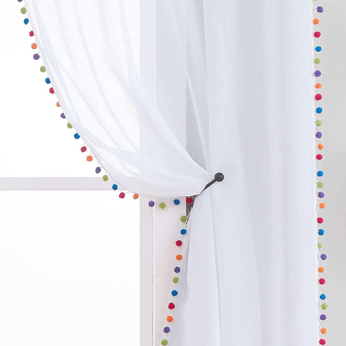63Inch Multi‑Color Pom Pom Sheer Curtains