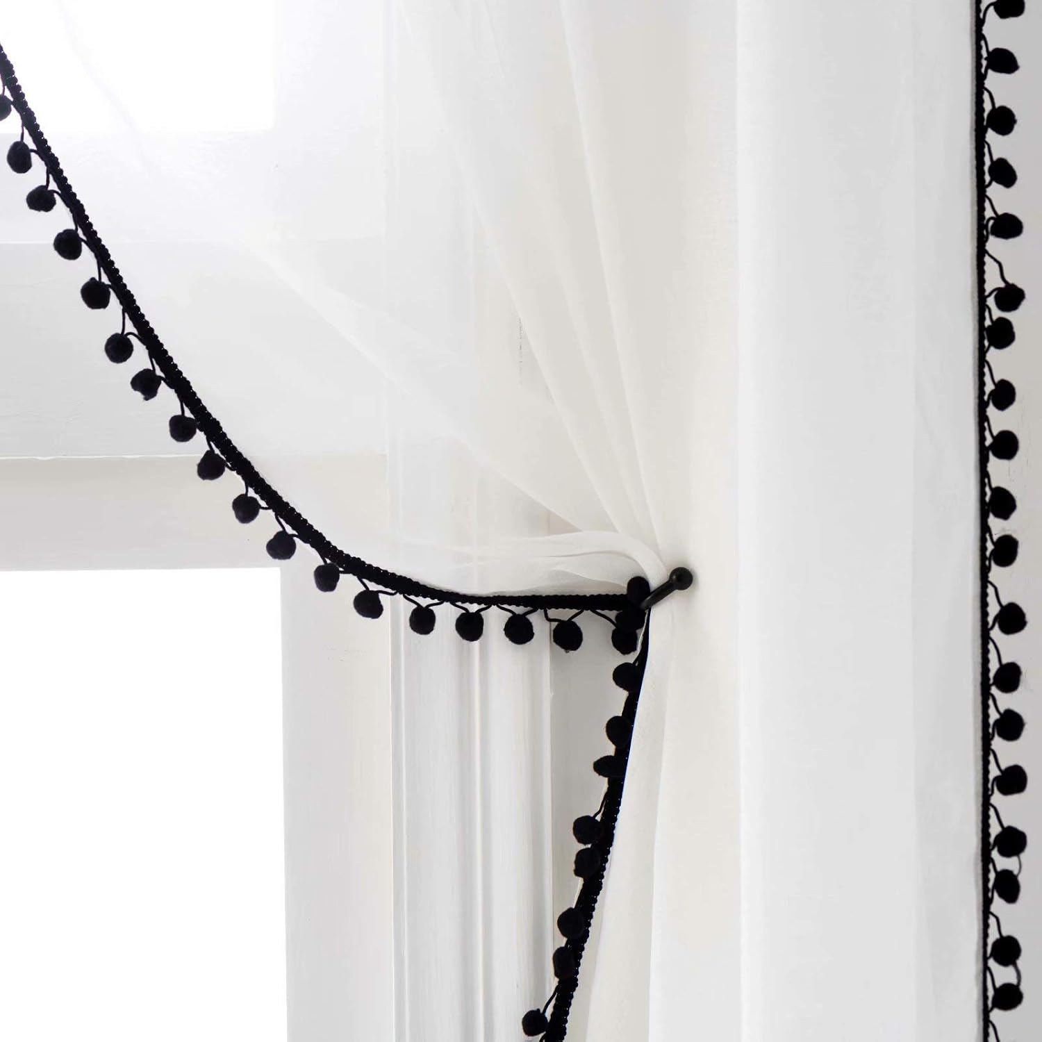 52x63 Black Pom Pom Sheer Curtains