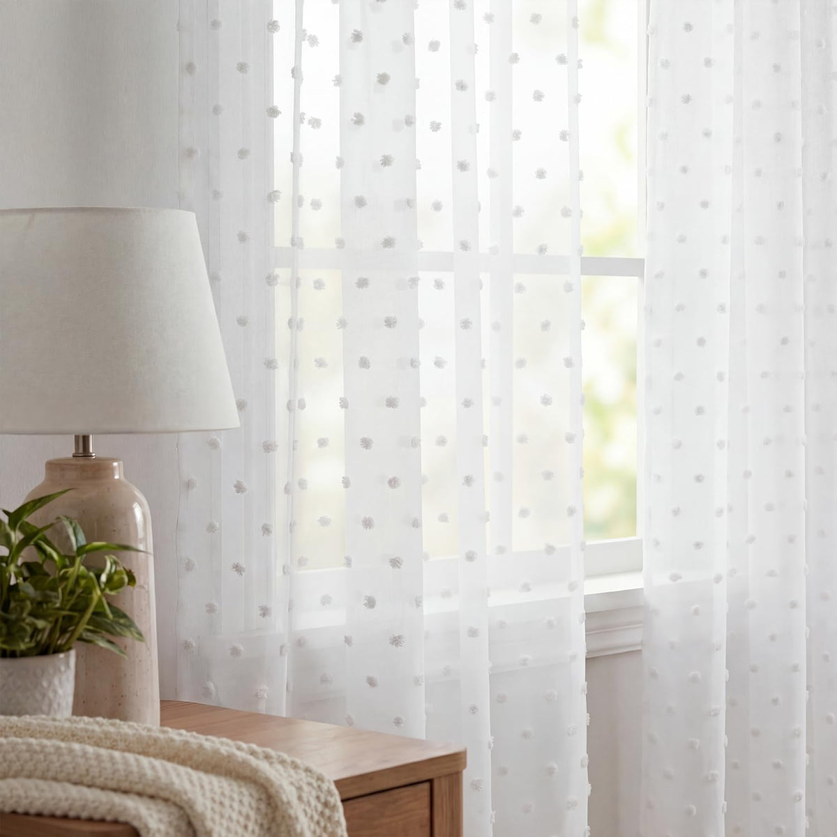 52x84 White Pom Pom Sheer Curtains