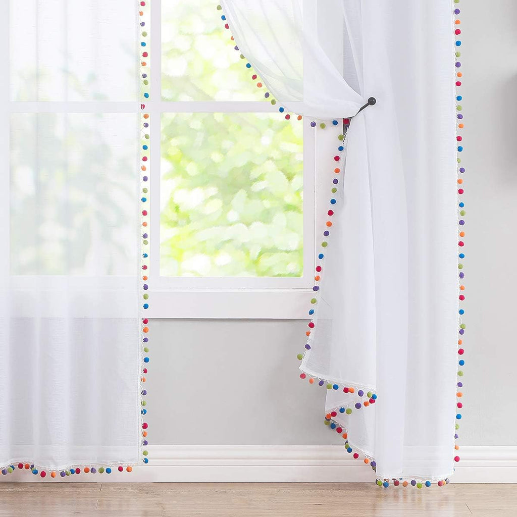 63Inch Multi‑Color Pom Pom Sheer Curtains