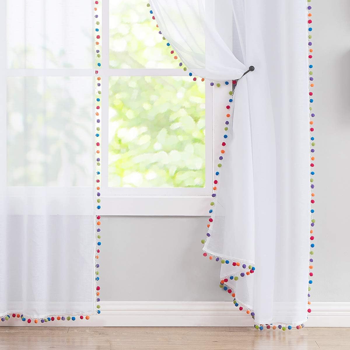 63Inch Multi‑Color Pom Pom Sheer Curtains