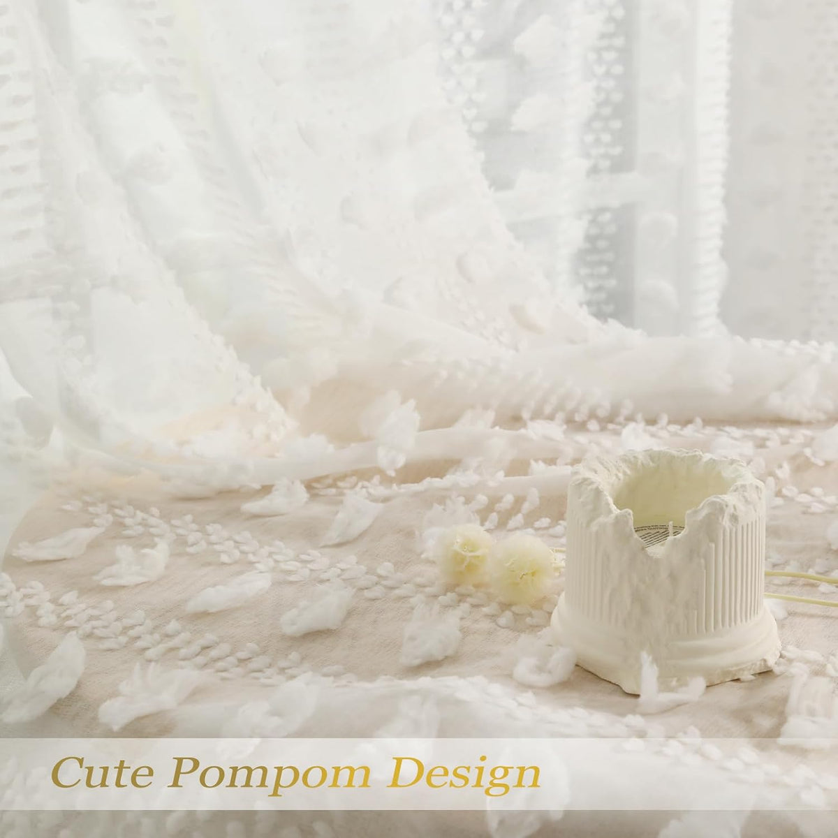 84 Inch White Pom Pom Sheer Curtains
