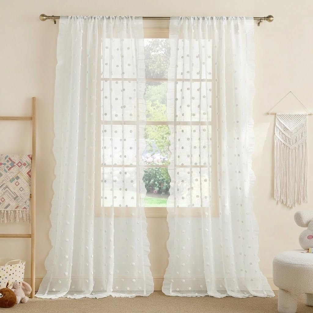 52x96 White Pom Pom Sheer Curtains