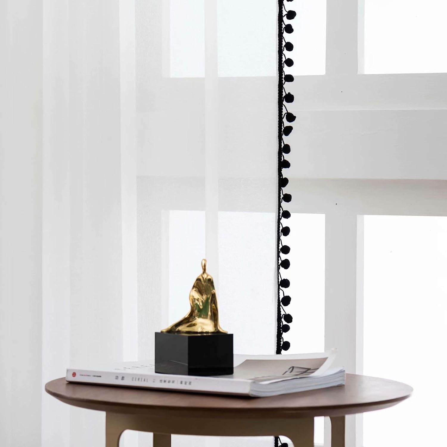 52x63 Black Pom Pom Sheer Curtains