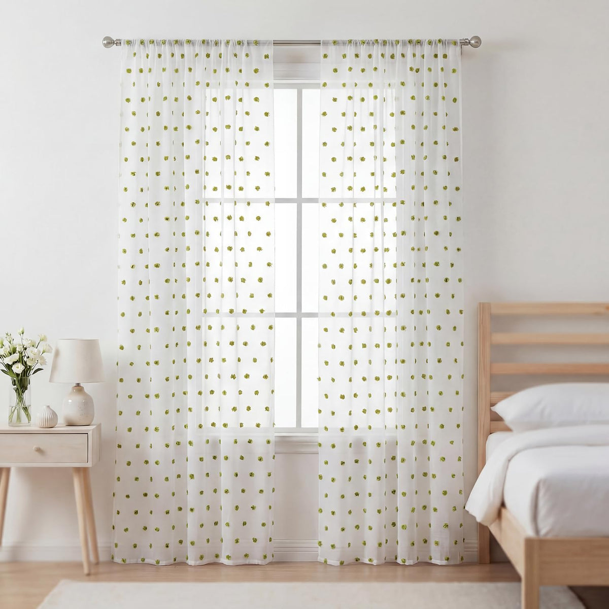 52x84 Green Pom Pom Sheer Curtains