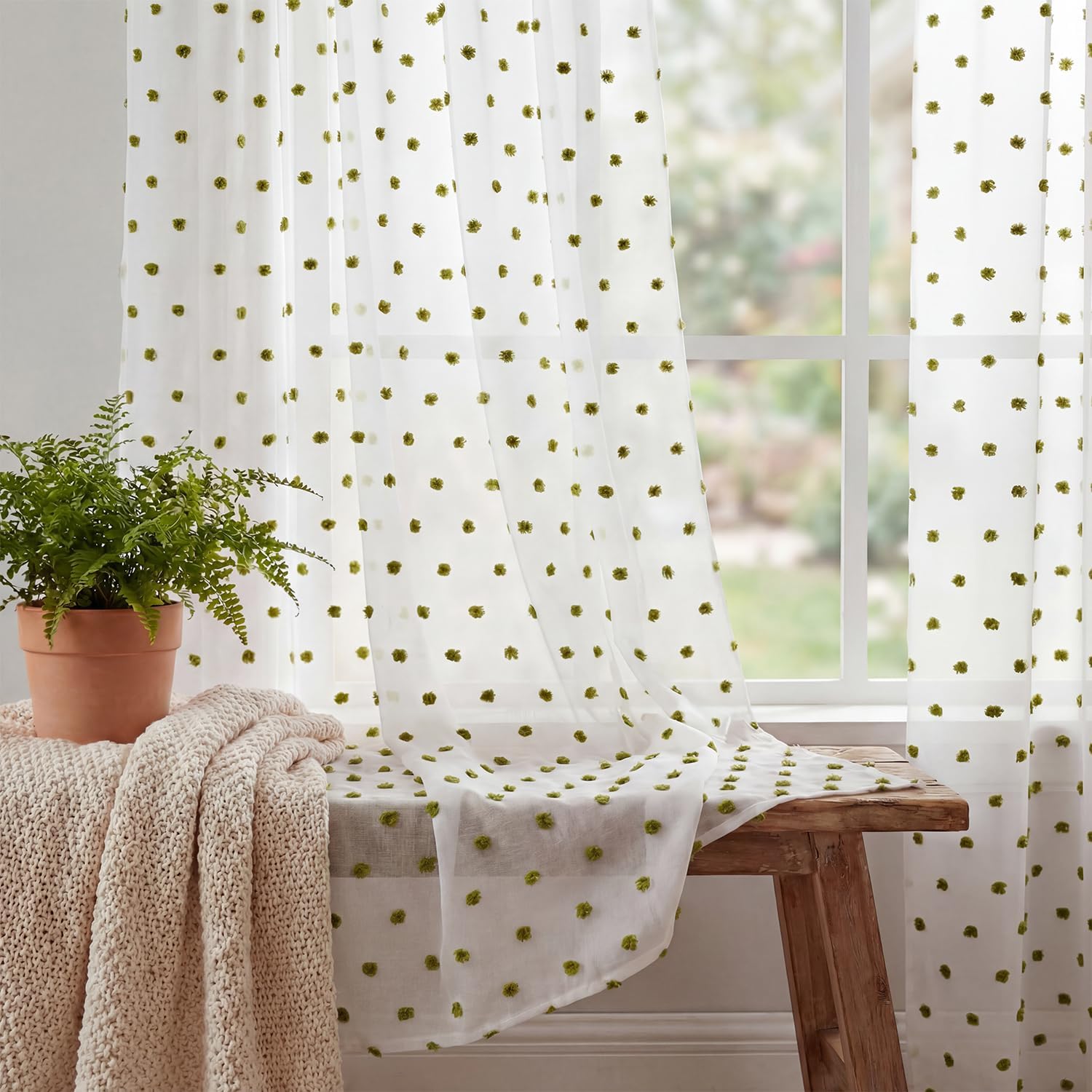 52x84 Green Pom Pom Sheer Curtains