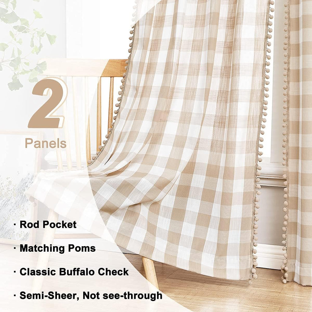 84Inch Buffalo Check Pom Pom Curtains