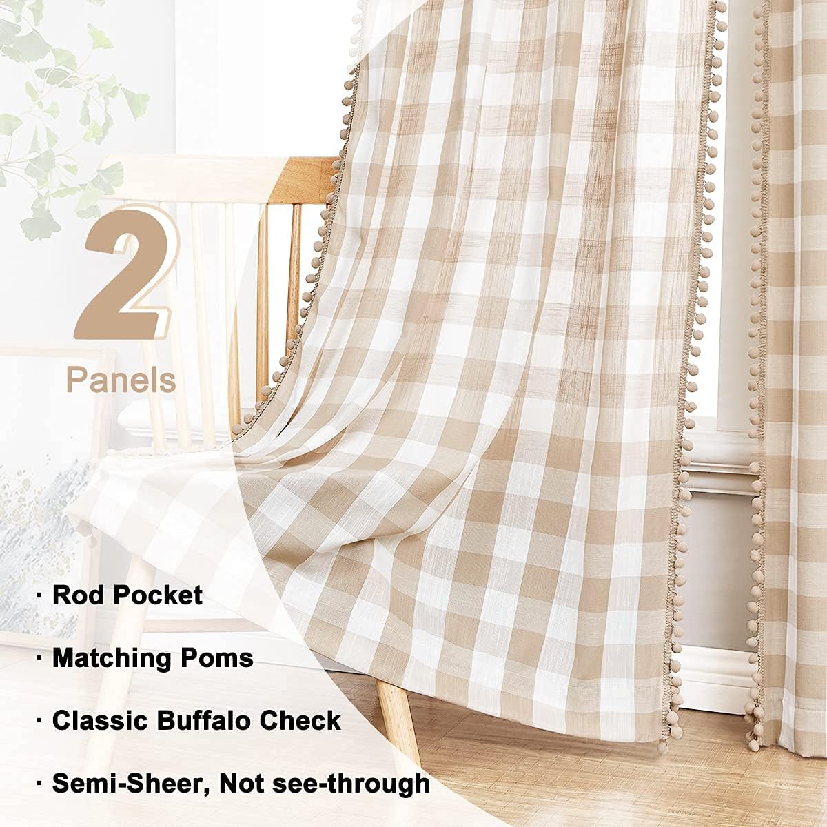 84Inch Buffalo Check Pom Pom Curtains
