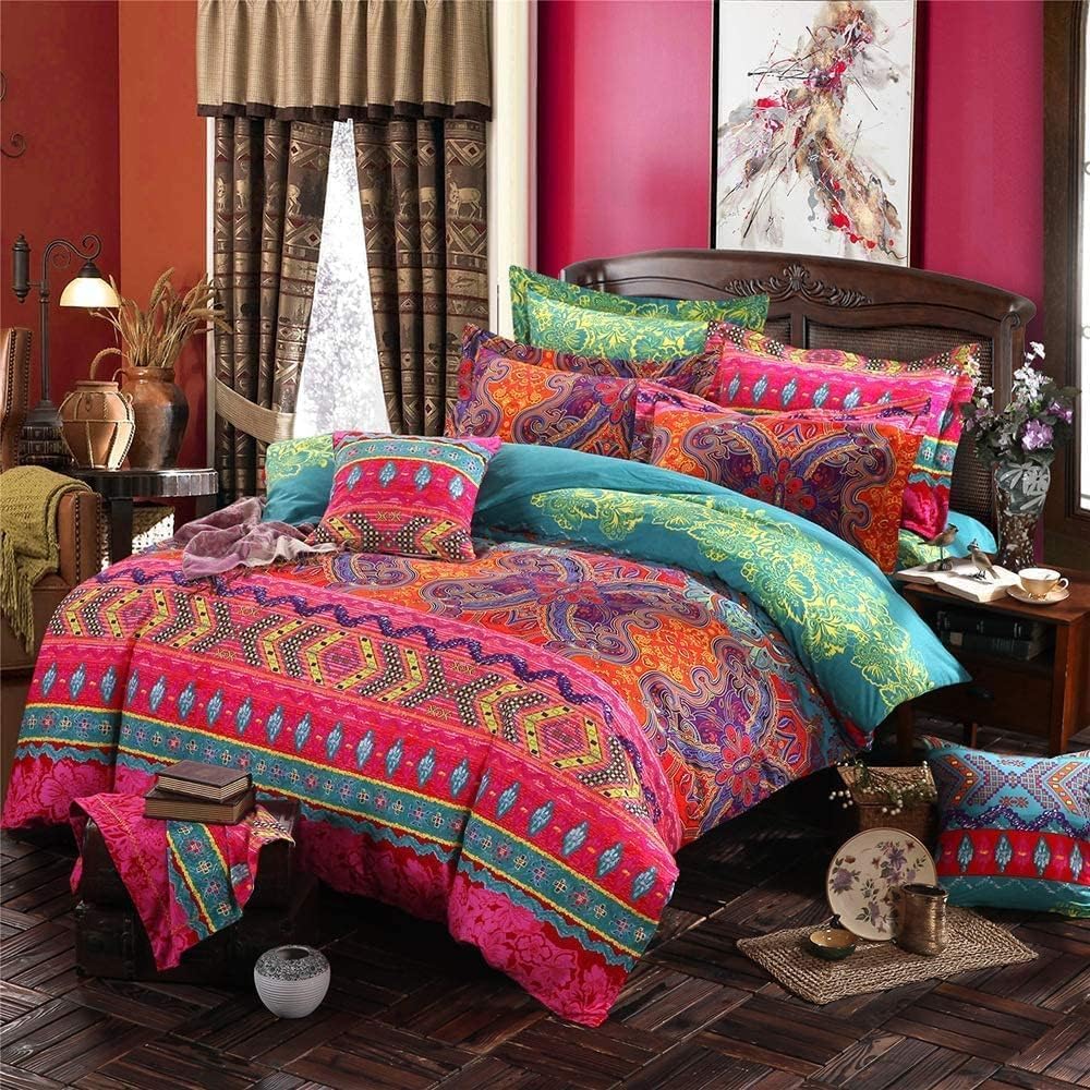 Orange Floral Boho Duvet Cover Set