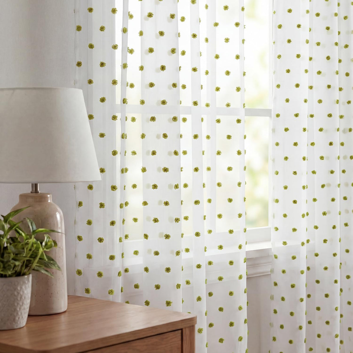 52x84 Green Pom Pom Sheer Curtains