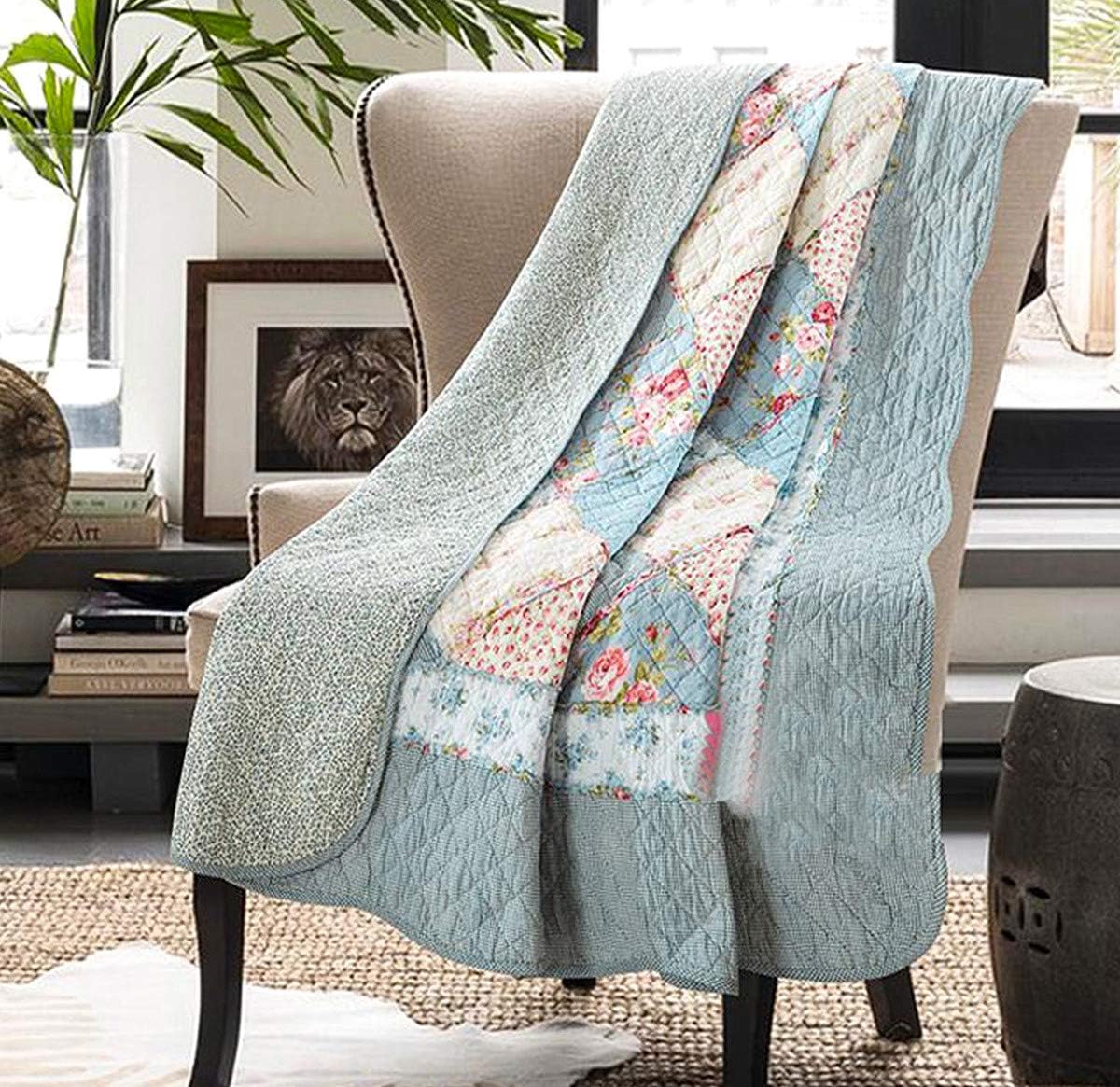 Full‑Queen Blue Floral Patchwork Quilt