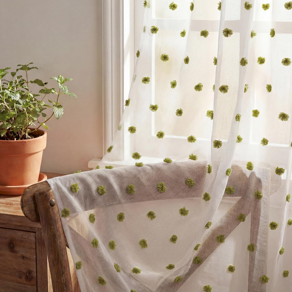 52x84 Green Pom Pom Sheer Curtains