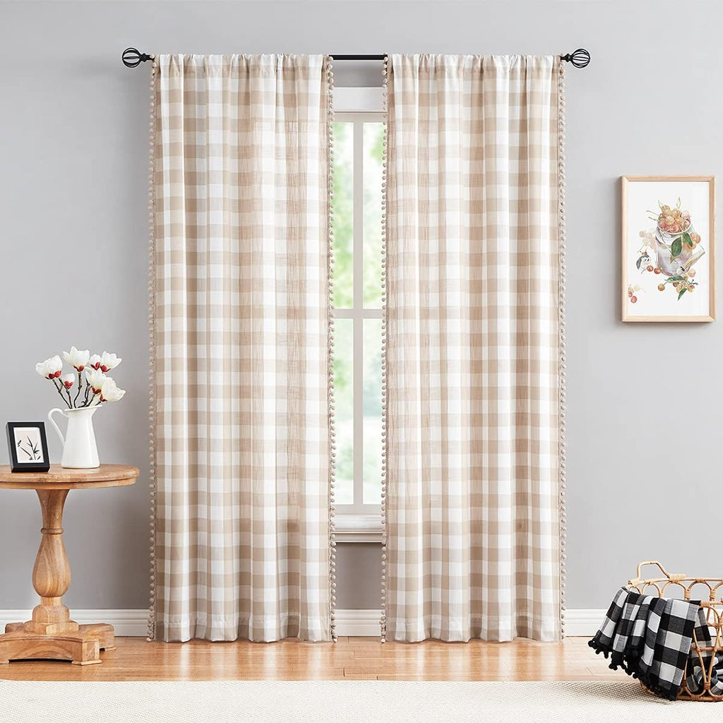 84Inch Buffalo Check Pom Pom Curtains