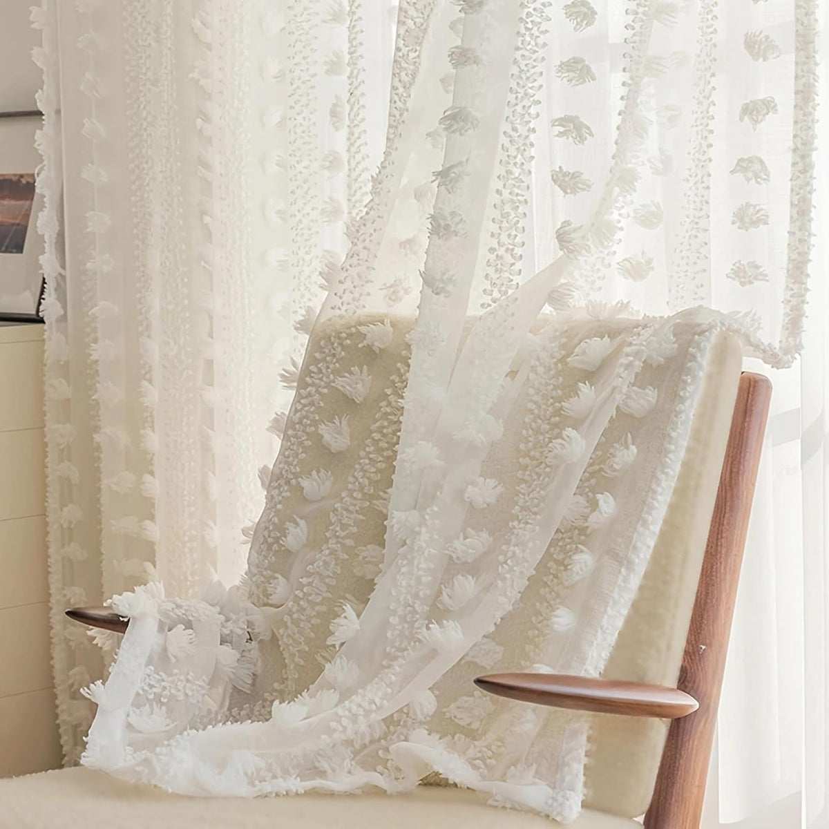 84 Inch White Pom Pom Sheer Curtains