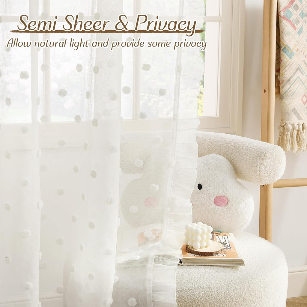 52x96 White Pom Pom Sheer Curtains