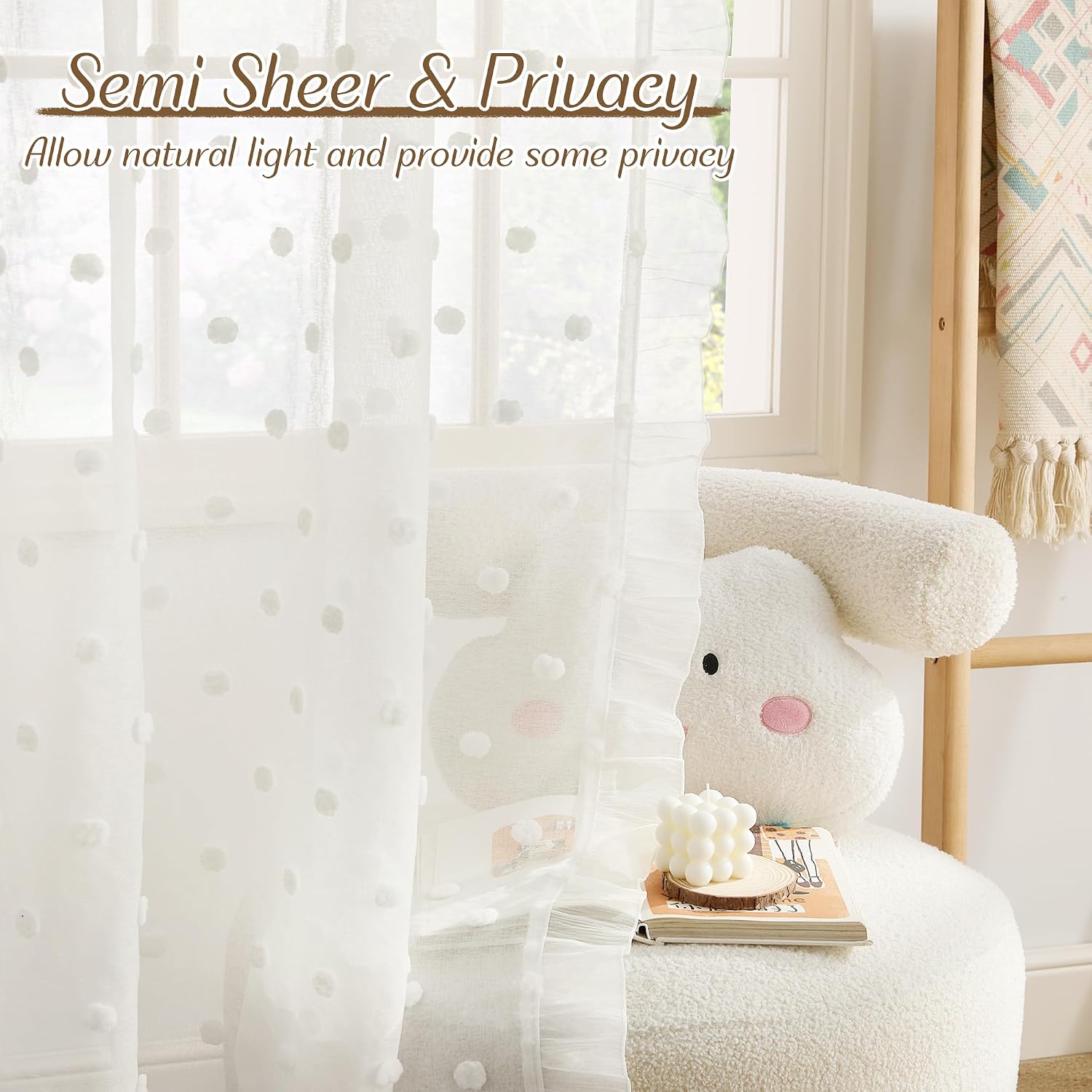52x96 White Pom Pom Sheer Curtains