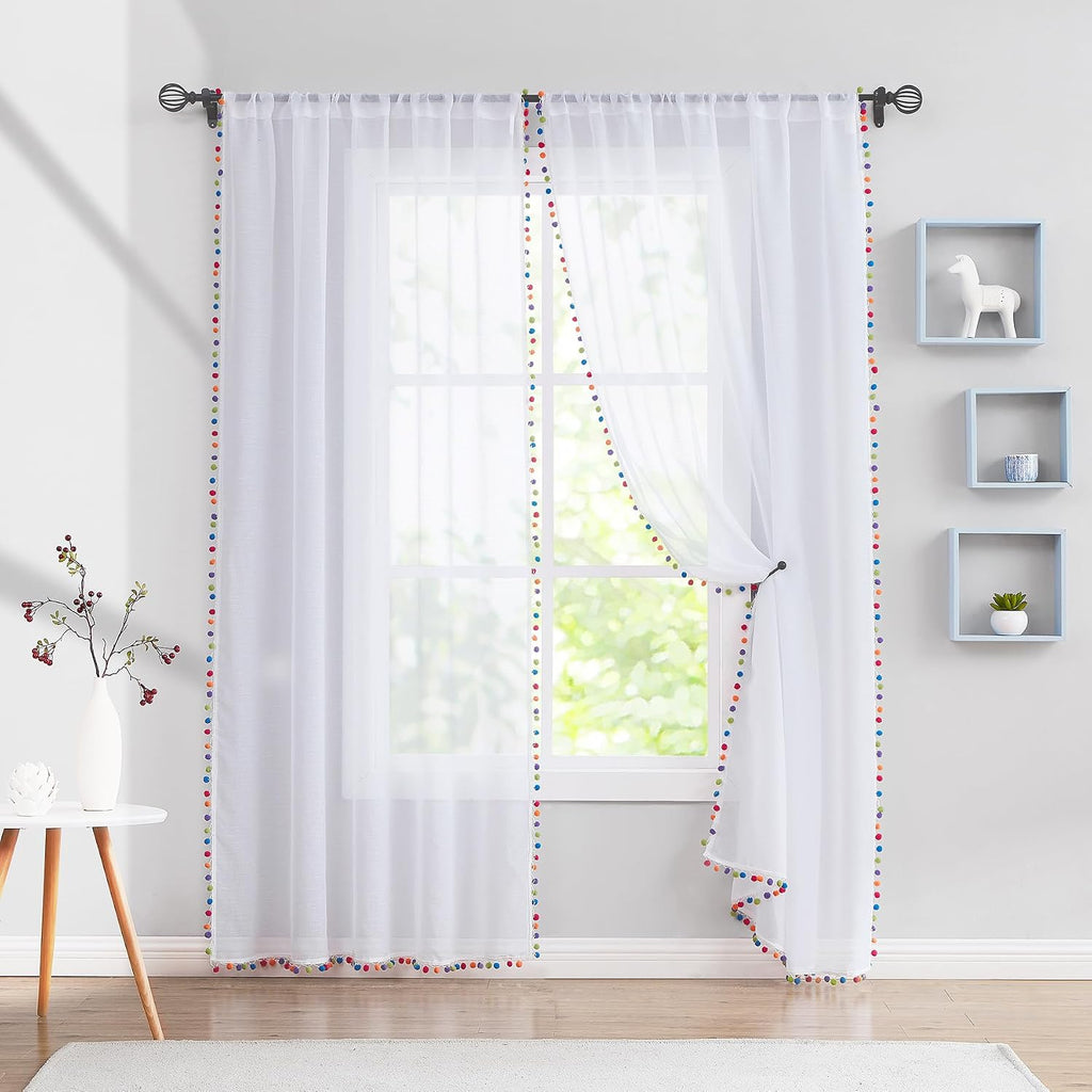 63Inch Multi‑Color Pom Pom Sheer Curtains