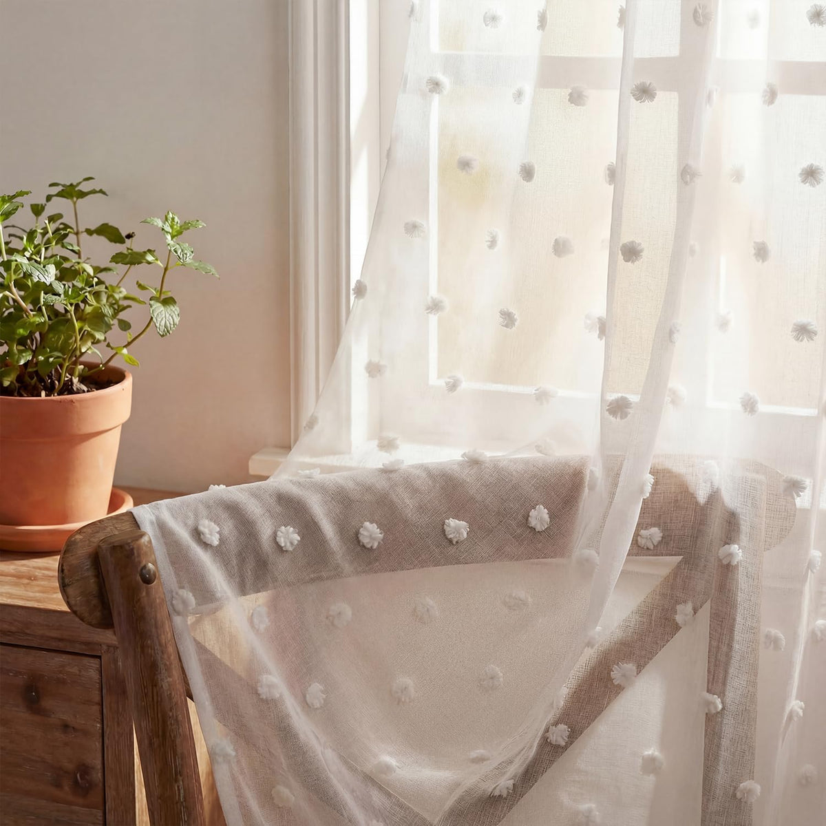 52x84 White Pom Pom Sheer Curtains