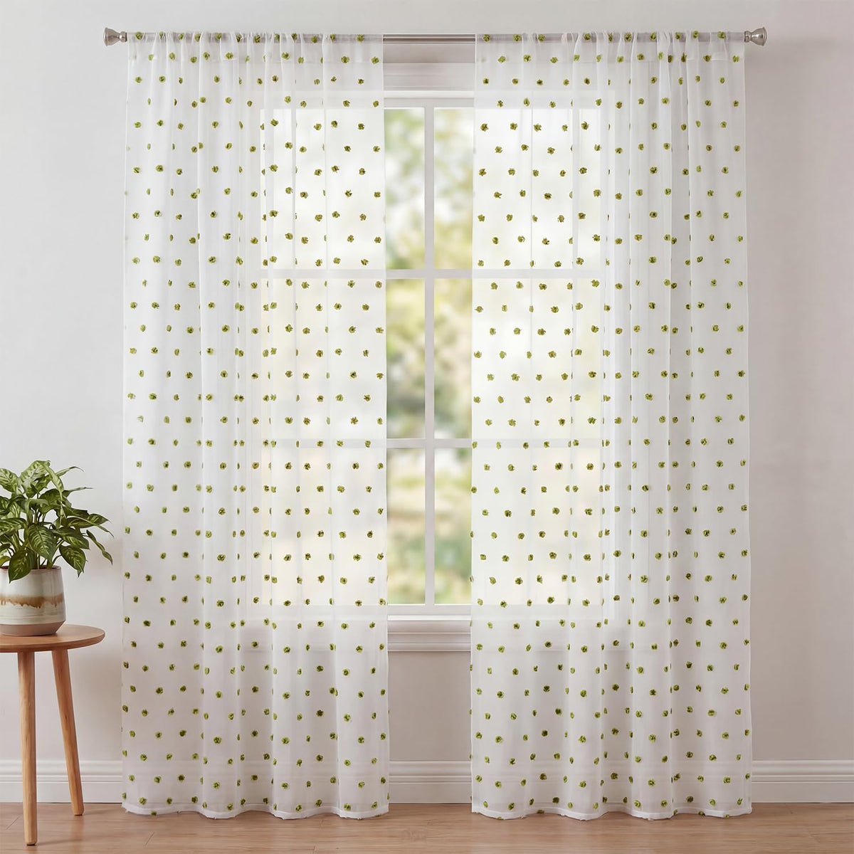 52x84 Green Pom Pom Sheer Curtains
