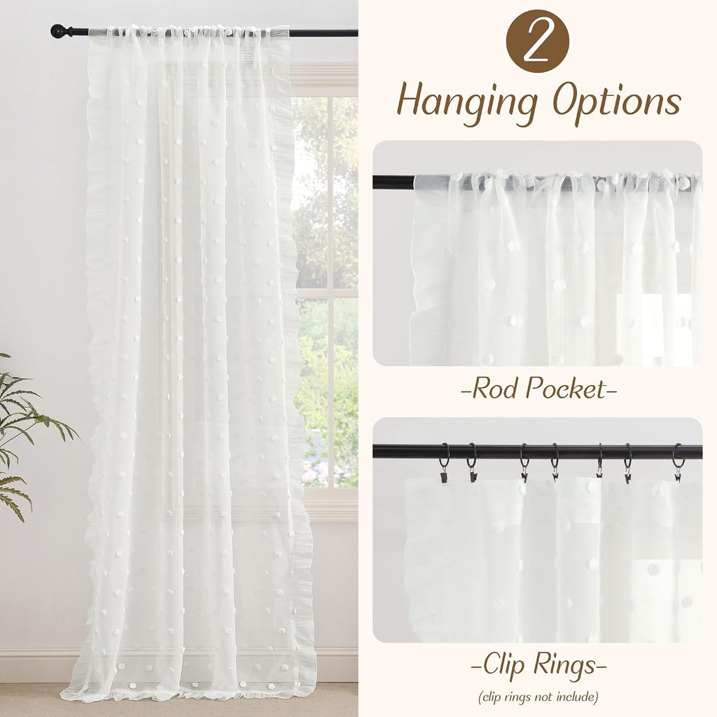 52x96 White Pom Pom Sheer Curtains