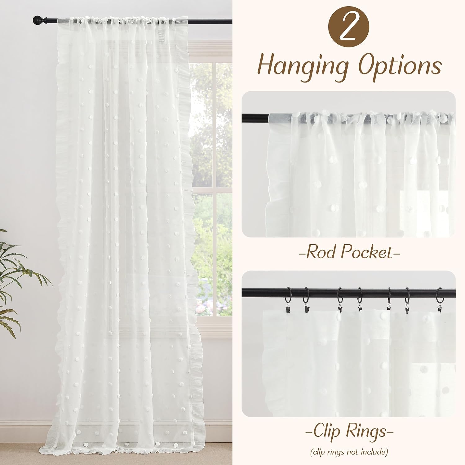 52x96 White Pom Pom Sheer Curtains