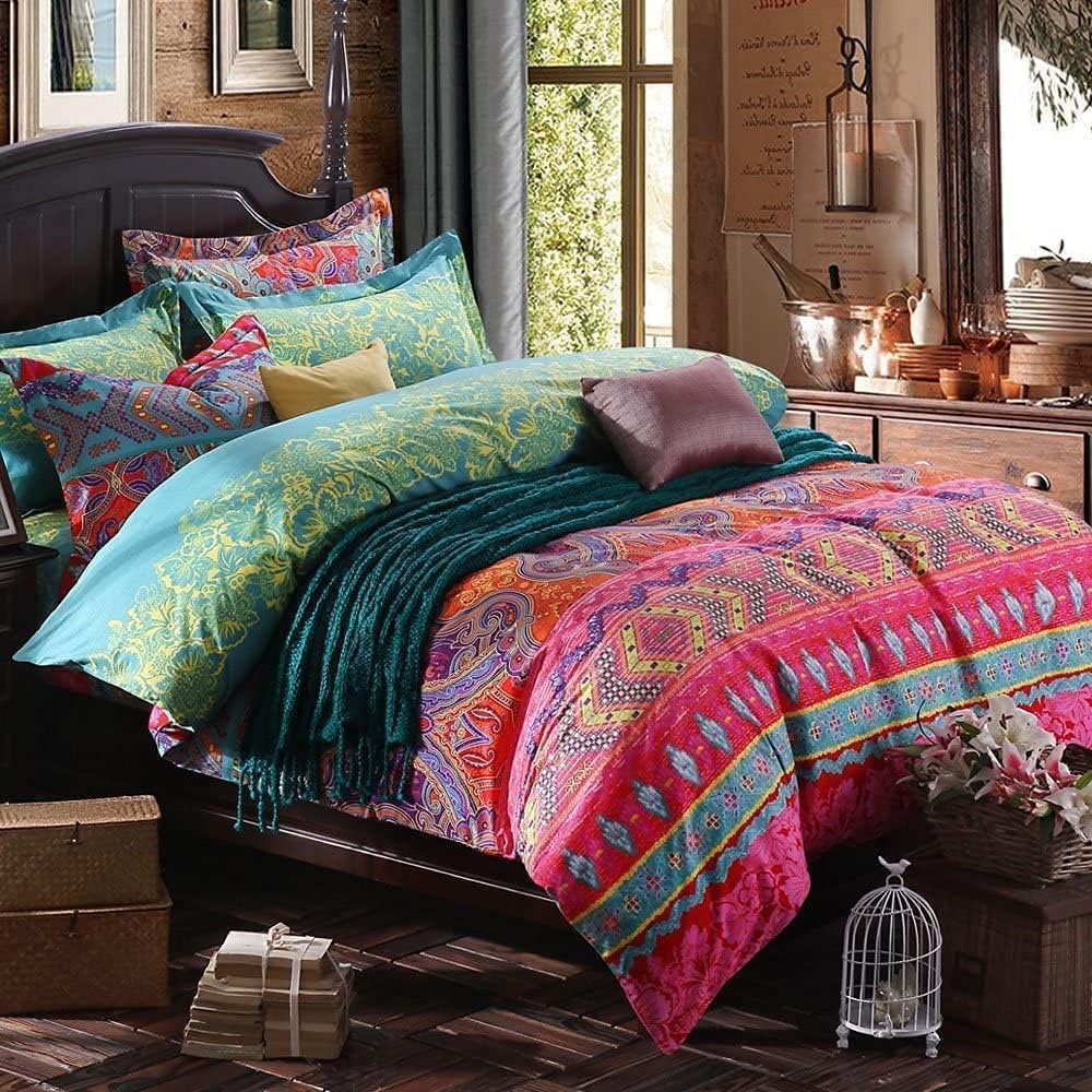 Orange Floral Boho Duvet Cover Set