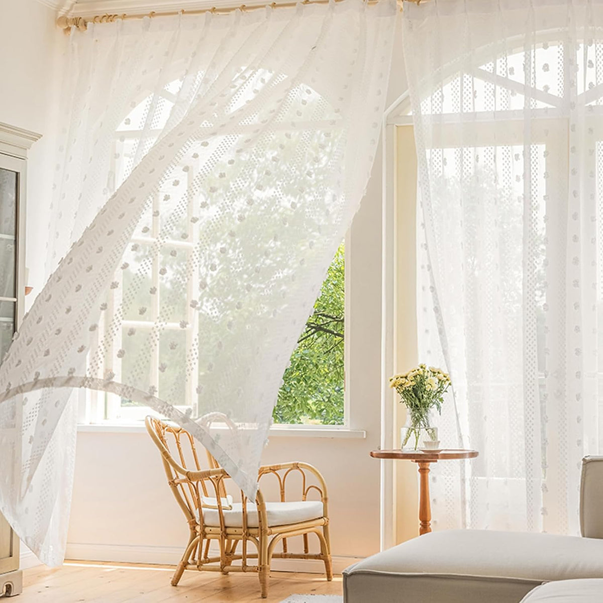 84 Inch White Pom Pom Sheer Curtains
