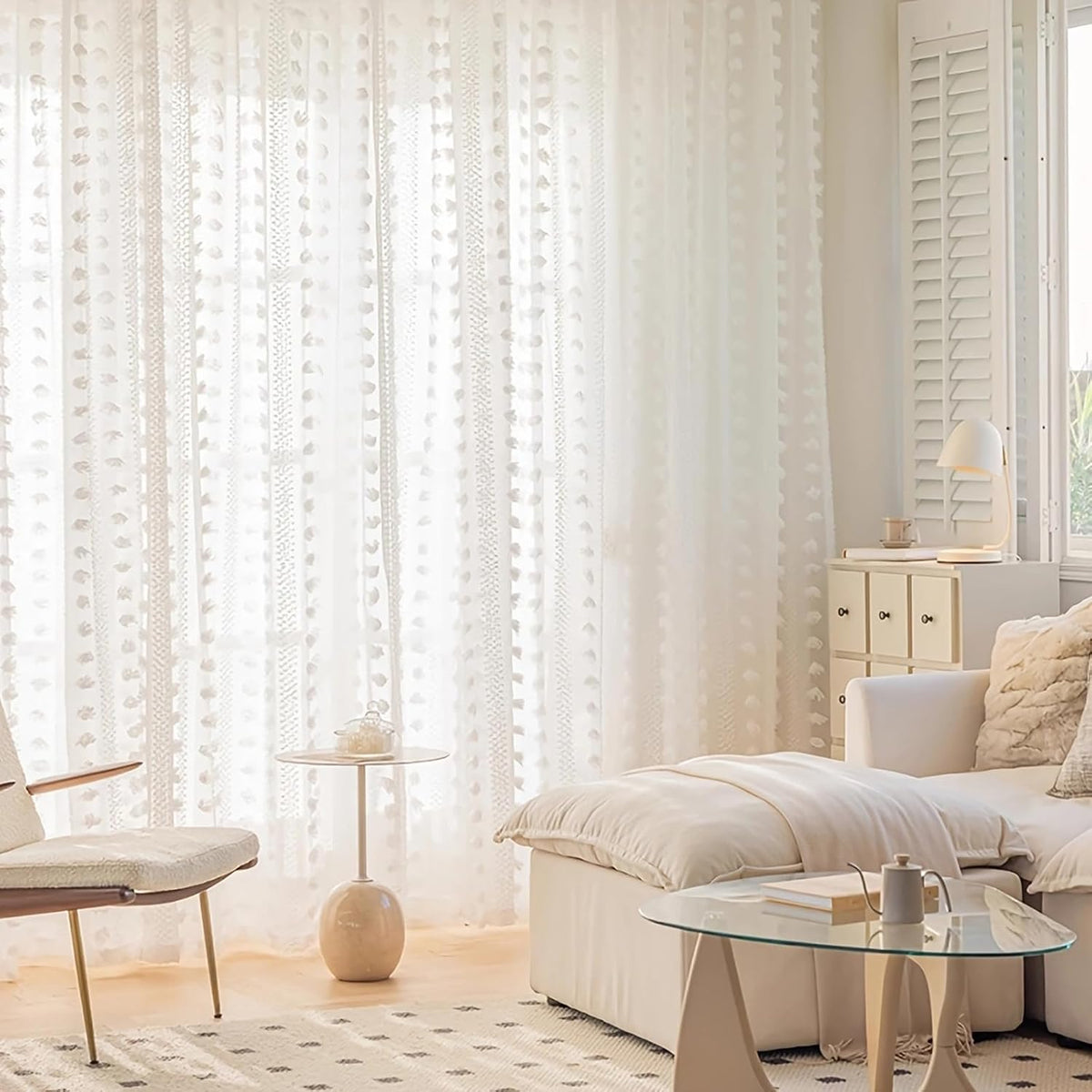 84 Inch White Pom Pom Sheer Curtains