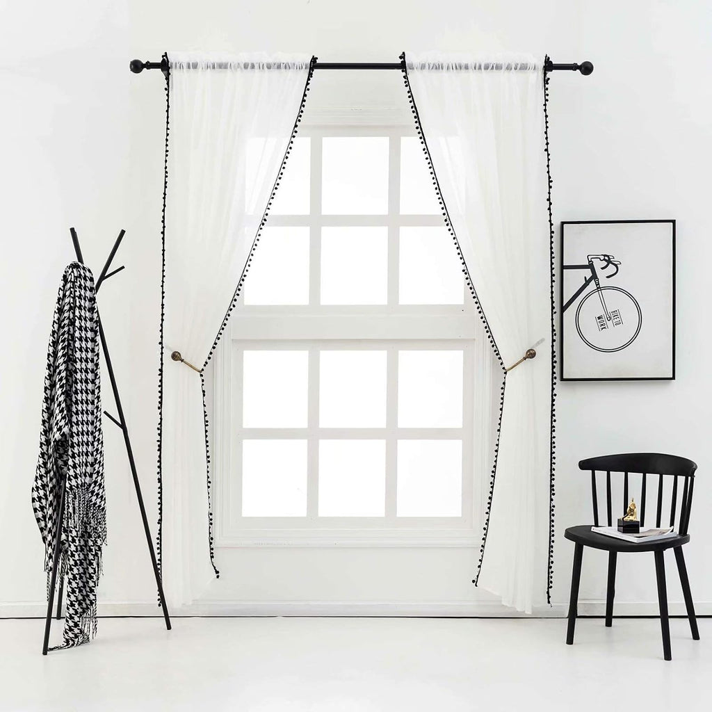 52x63 Black Pom Pom Sheer Curtains