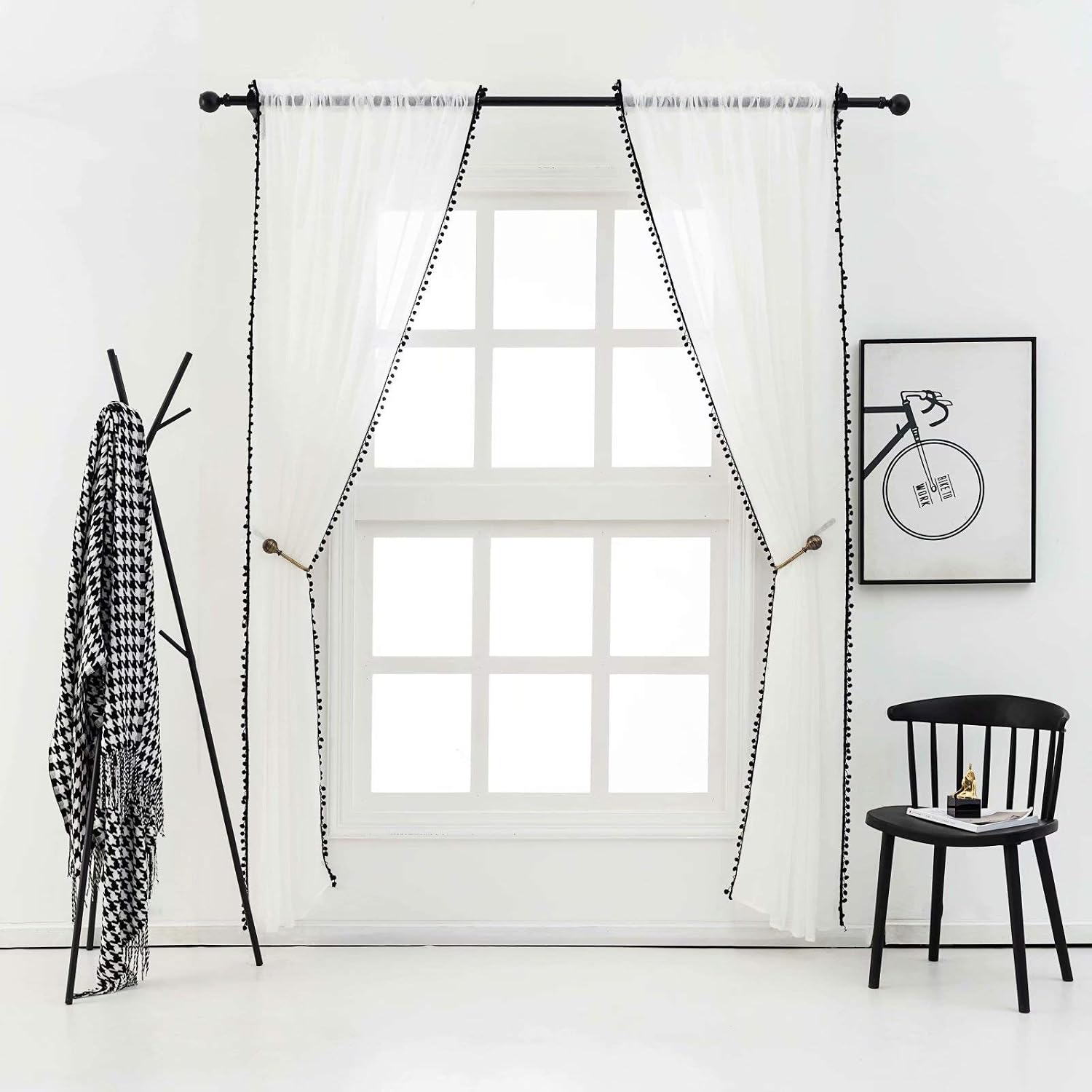 52x63 Black Pom Pom Sheer Curtains
