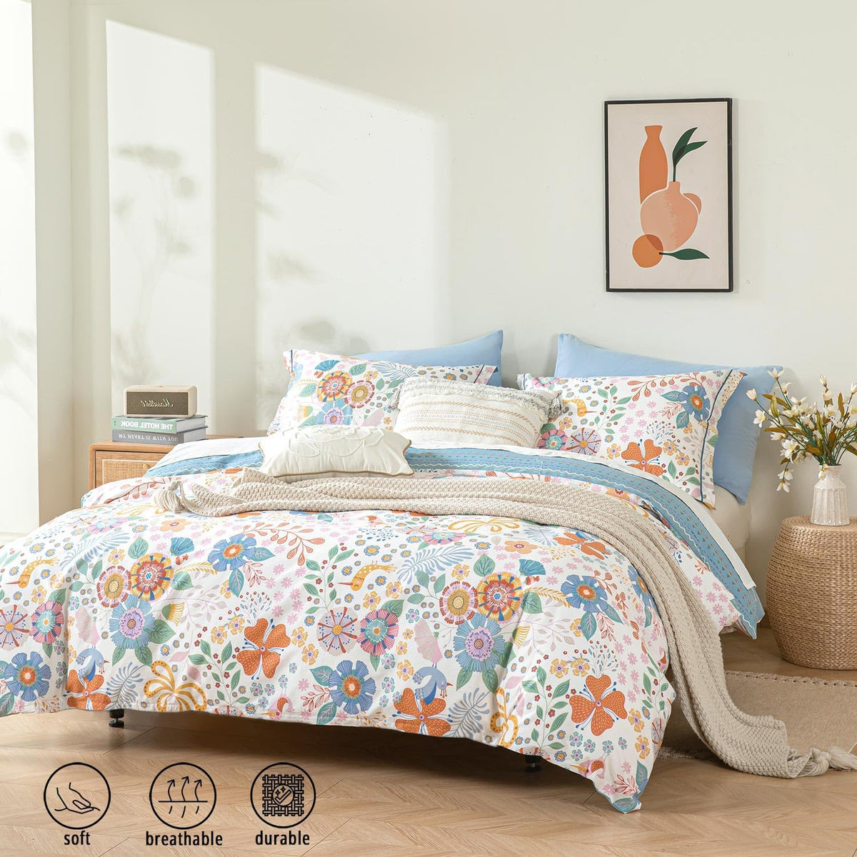Blue Floral Cotton Duvet Cover Set