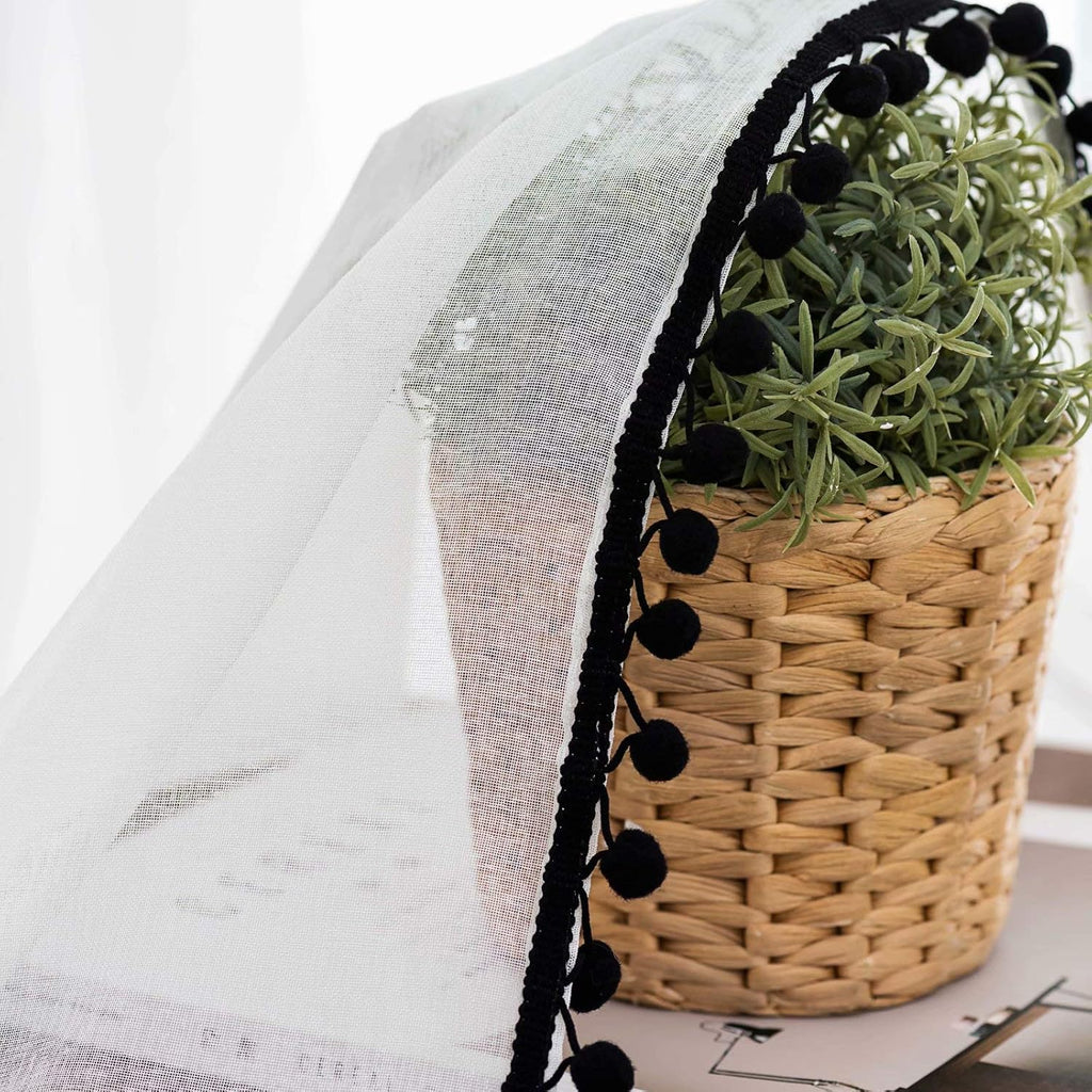 52x63 Black Pom Pom Sheer Curtains