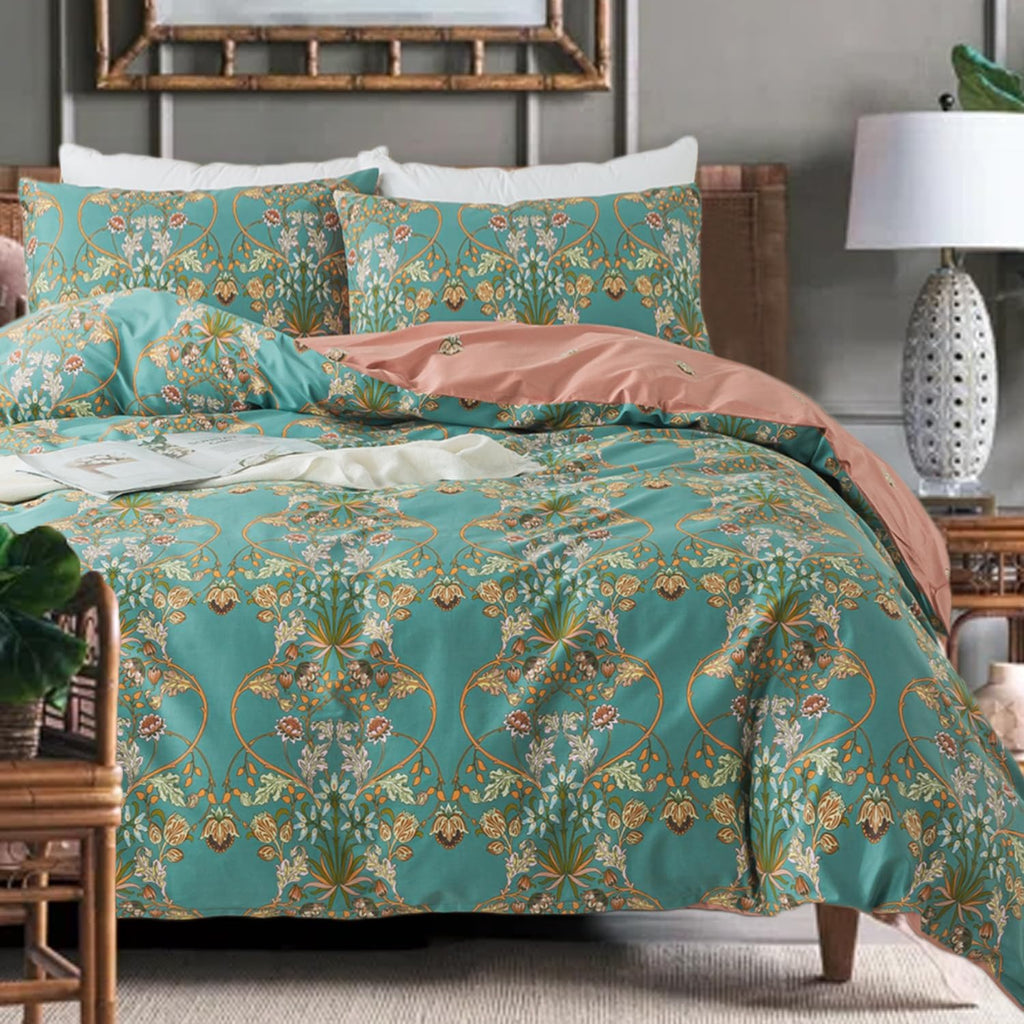 Orange Floral Boho Duvet Cover Set