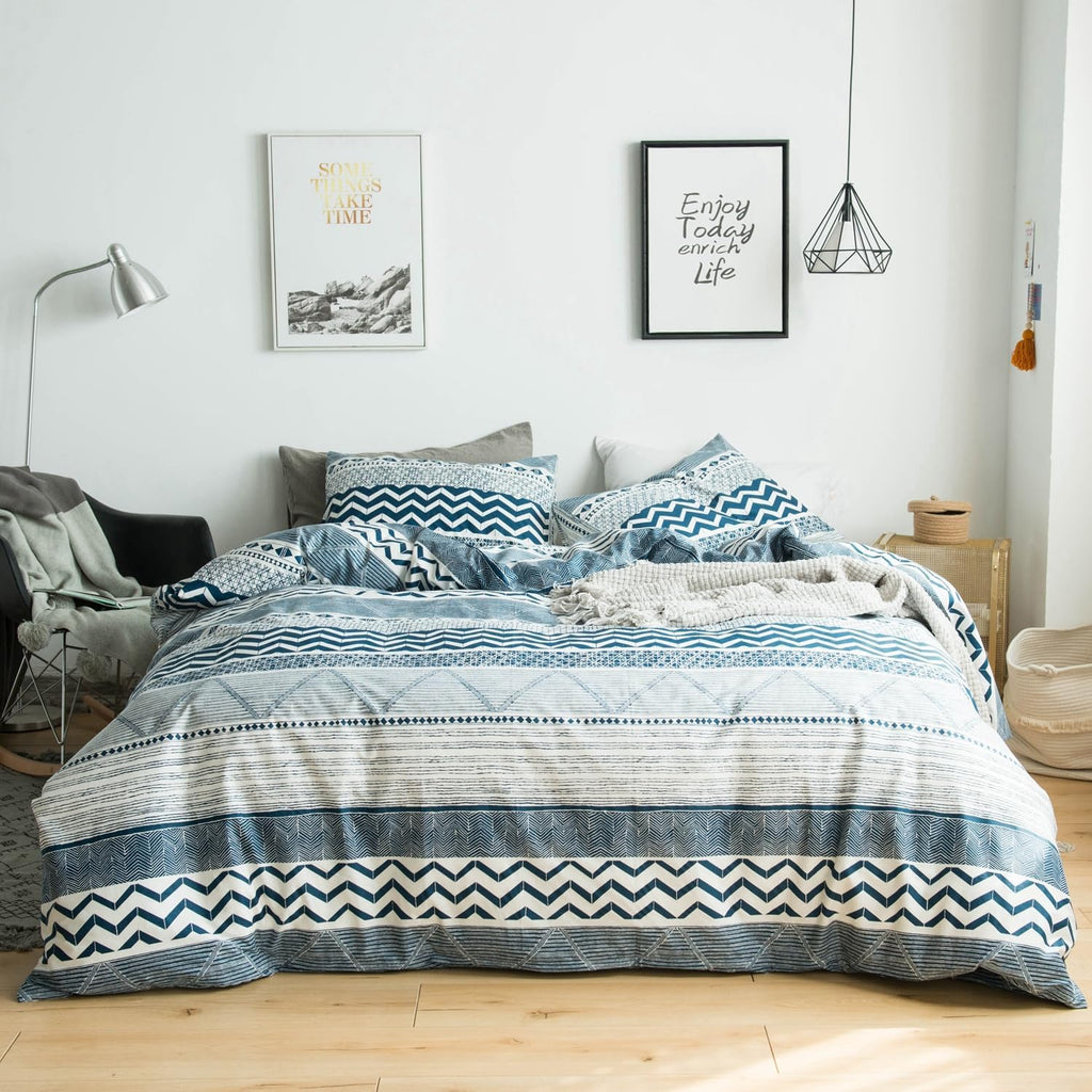 Queen Blue‑White Aztec Duvet Cover Set