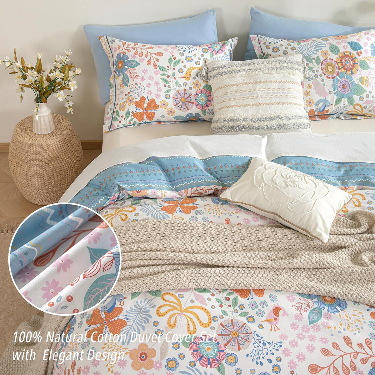 Blue Floral Cotton Duvet Cover Set