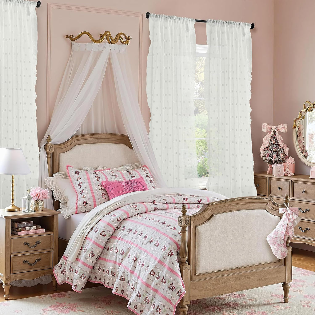 52x96 White Pom Pom Sheer Curtains