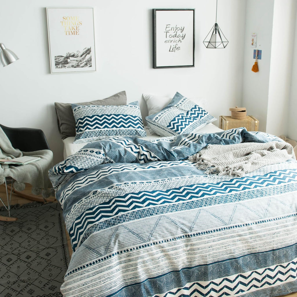 Queen Blue‑White Aztec Duvet Cover Set